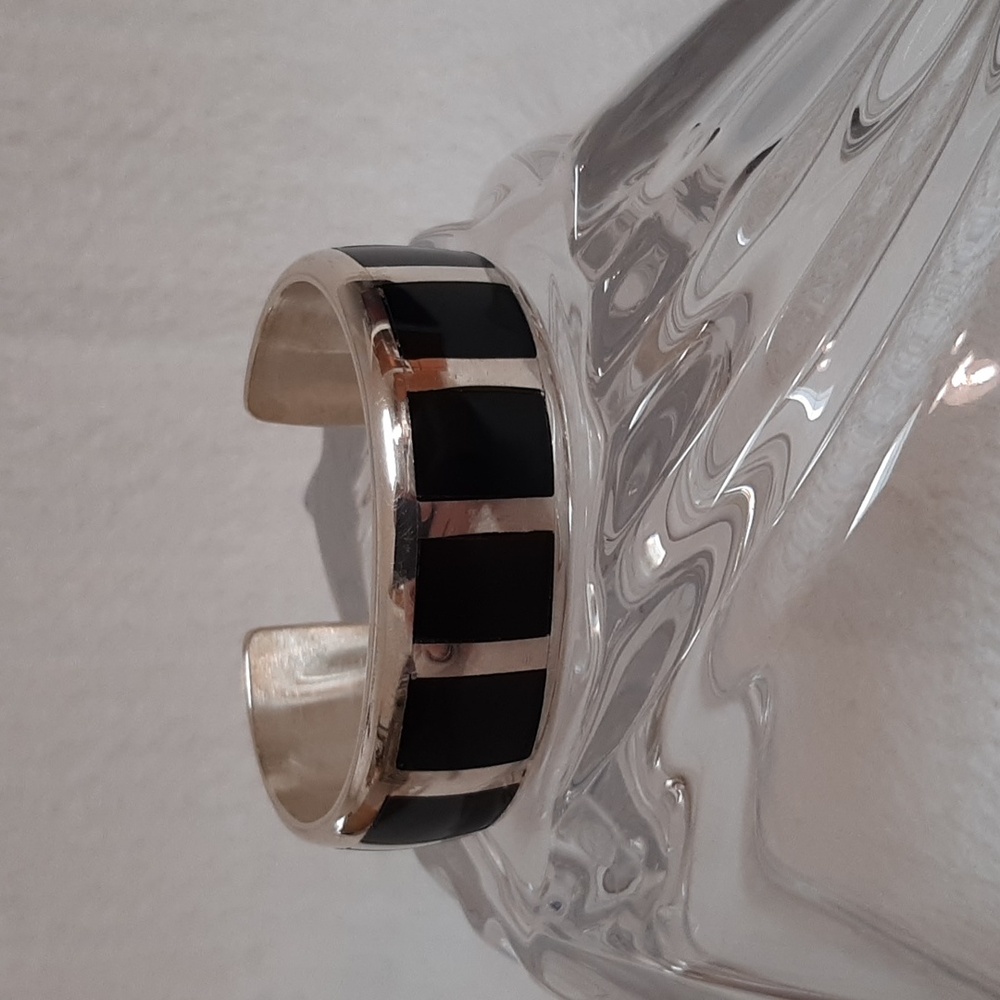 Sterling Silver and Black Jet Unisex Cuff Bracelet